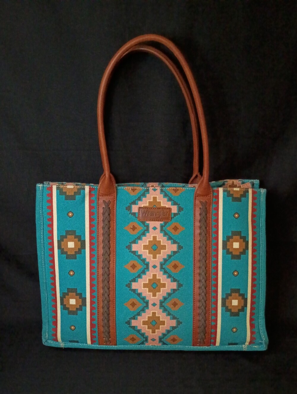 Wrangler Turquoise Aztec-Pattern Tote with Brown Leather Handles